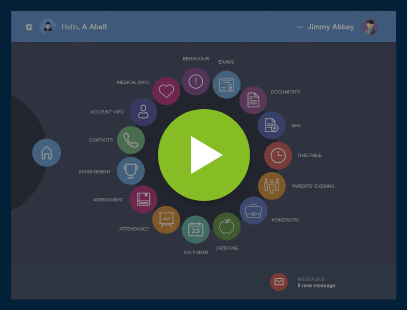 The Edulink One home screen, a wheel of icons, with a play button to start the demo